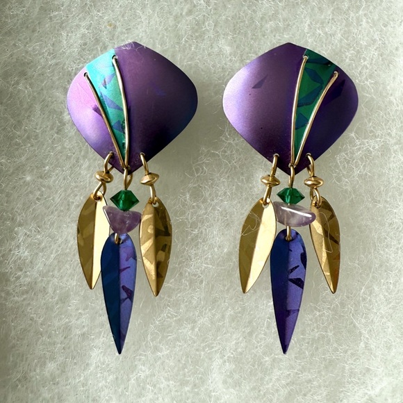 Vintage 80s Holly Yashi Purple, Teal & Gold Clip-on Dangle Earrings - Picture 1 of 5